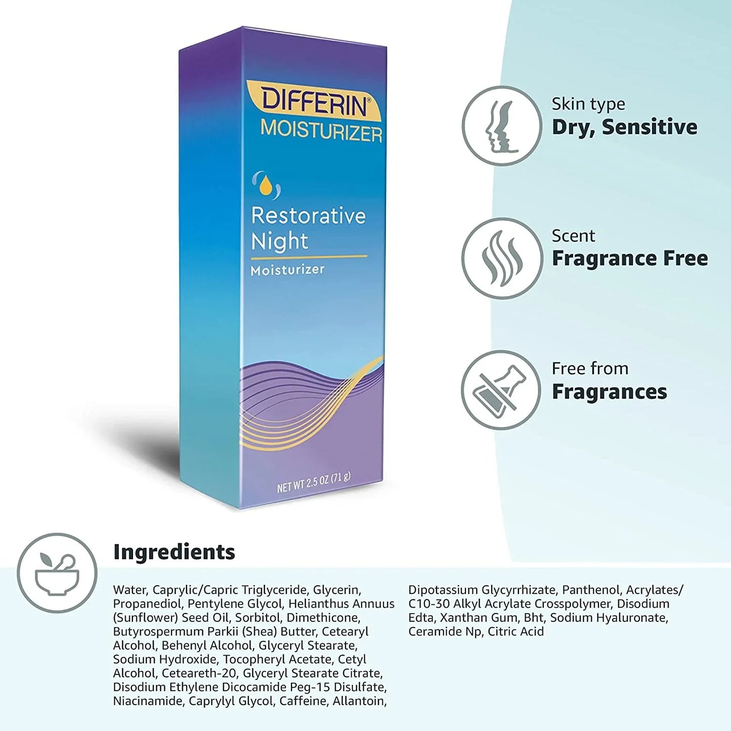 Differin Night Cream with Hyaluronic Acid, Restorative Night Moisturizer by the Makers of Differin Gel, Gentle Skin Care for Acne Prone Sensitive Skin, 2.5 Oz (Packaging May Vary) - USA in UK