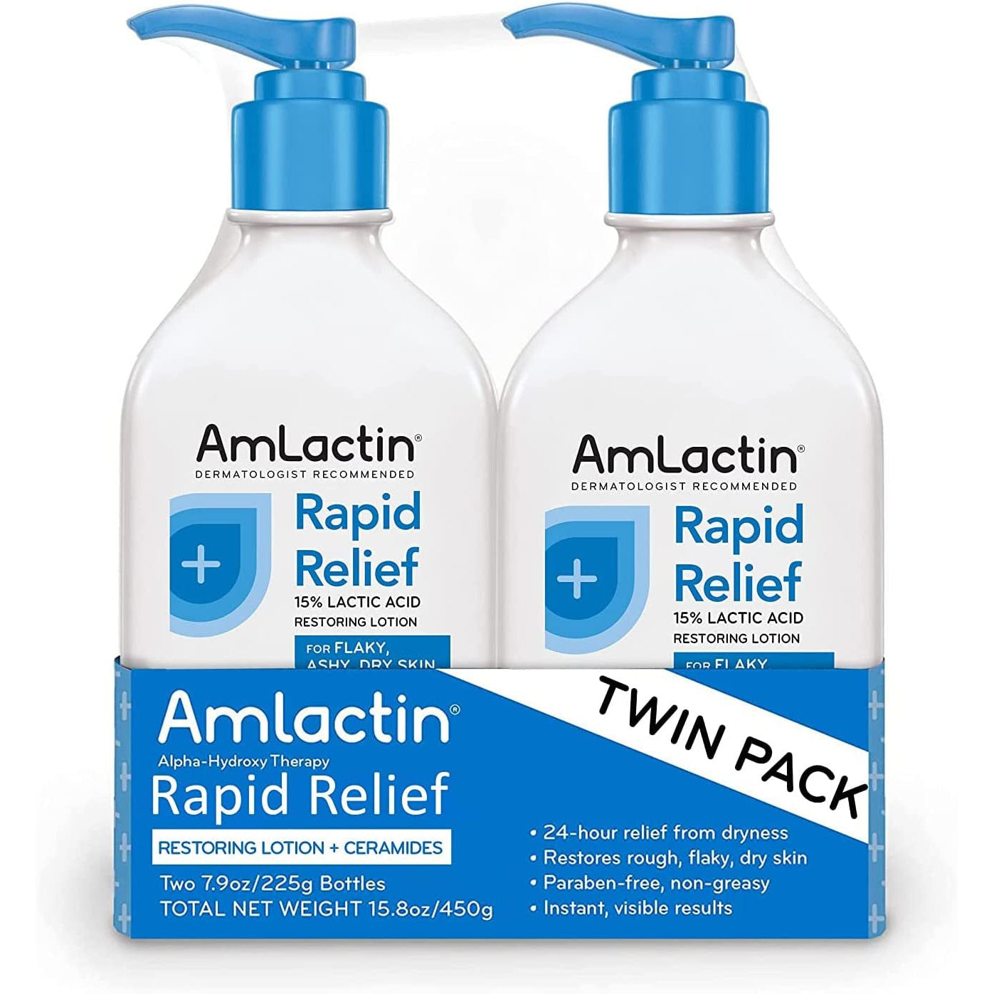 Amlactin Rapid Relief Restoring Lotion + Ceramides Twin Pack, (2) 7.9 Ounce Bottles, Paraben Free