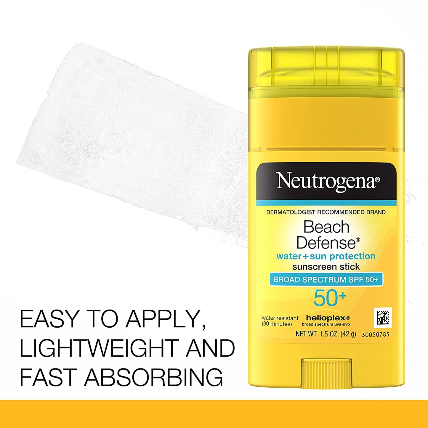 Neutrogena Beach Defense Sunscreen Stick with Broad Spectrum SPF 50+, Lightweight Water-Resistant Sunscreen with Oil-Free & Paba-Free Formula, 1.5 Oz
