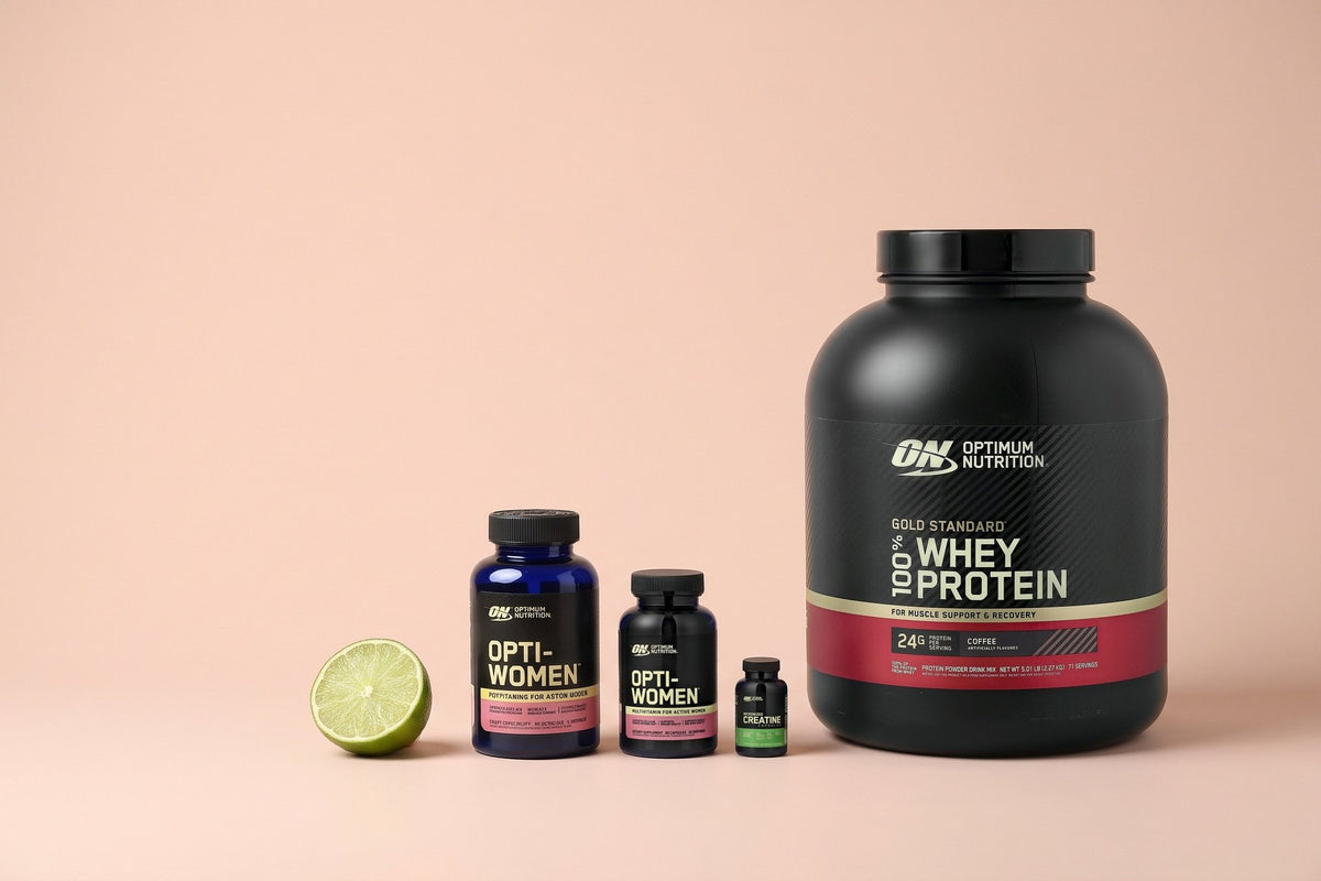 Optimum Nutrition products in a studio photo
