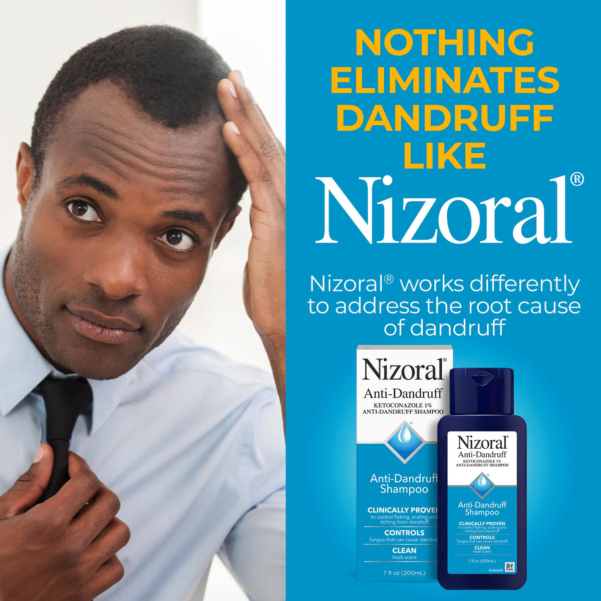 Nizoral A-D Anti-Dandruff Shampoo - bottle and box with person adjusting tie