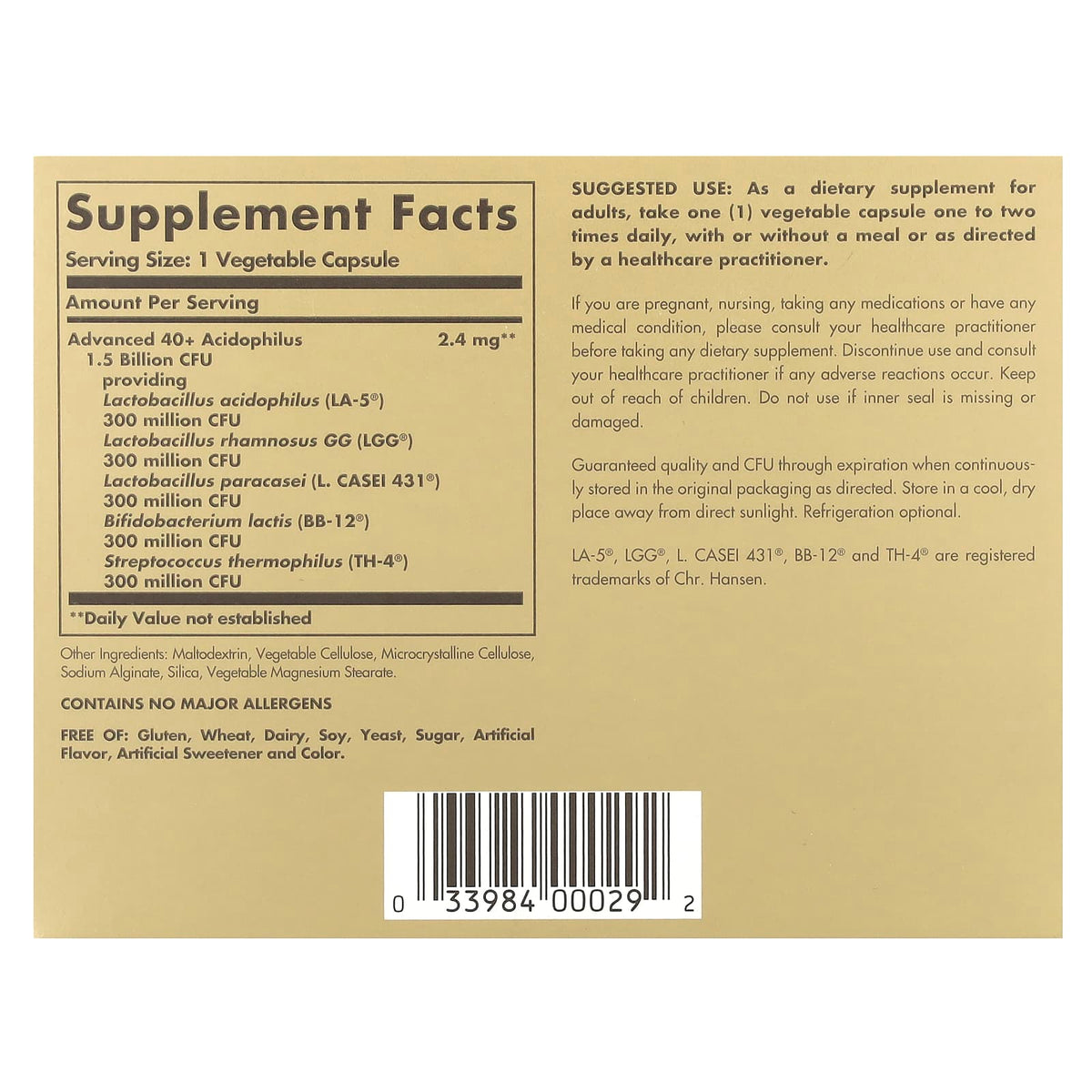 Solgar Advanced 40+ Acidophilus, 120 Vegetable Capsules - view 2
