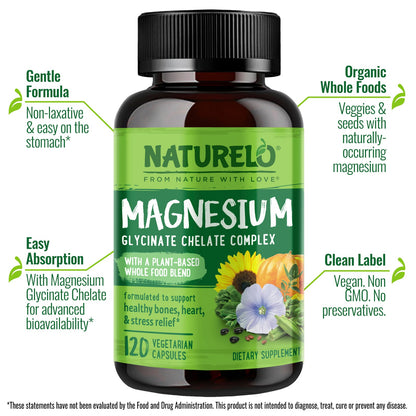 Naturelo Magnesium Glycinate Chelate Complex, 120 Vegetarian Capsules - view 5