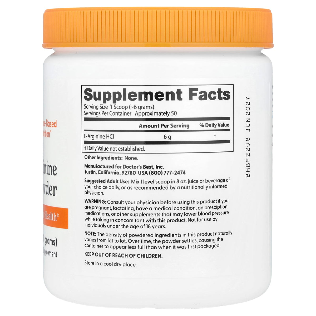 Doctor's Best Pure L-Arginine Powder, 300 g (10.6 oz) — alternate product view