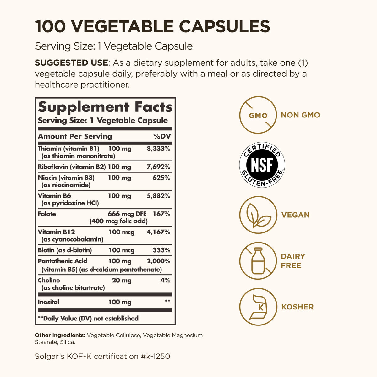 Solgar B-Complex "100", 100 Vegetable Capsules - view 3