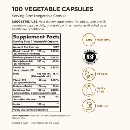 Solgar B-Complex "100", 100 Vegetable Capsules - view 3