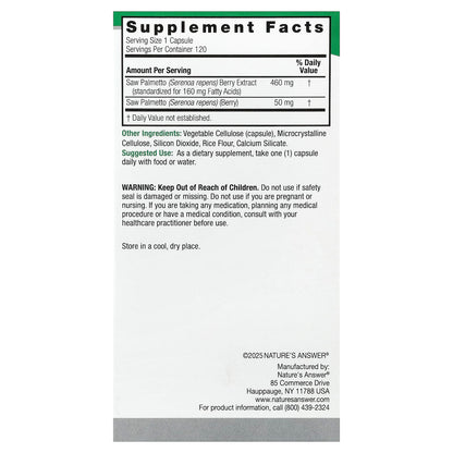 Nature's Answer Saw Palmetto, Standardized, 120 Vegetarian Capsules - view 2
