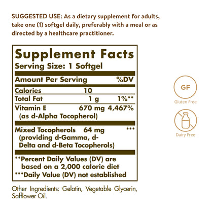 Solgar Vitamin E, 670 mg (1,000 IU), 100 Softgels - view 3
