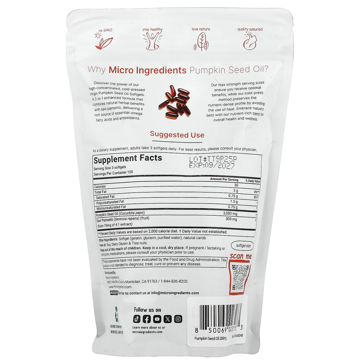 Micro Ingredients Pumpkin Seed Oil, Cold Pressed, 300 Softgels - view 2