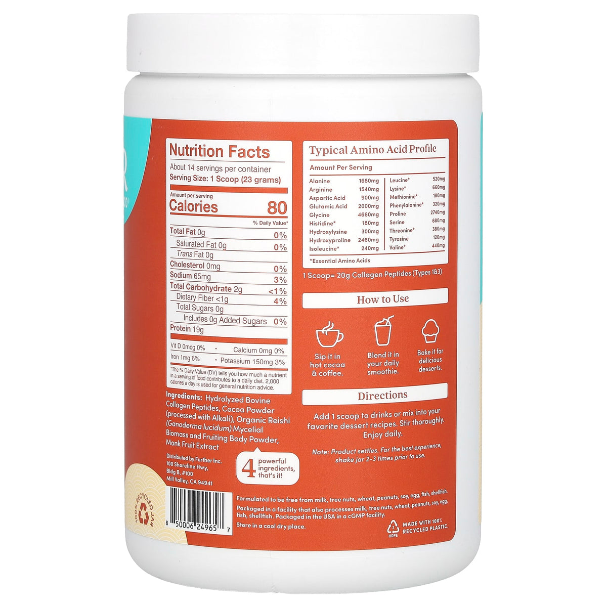Further Food Grass-Fed Collagen Peptides + Reishi Mushroom Chocolate 322 g (11.4 oz) — alternate product view