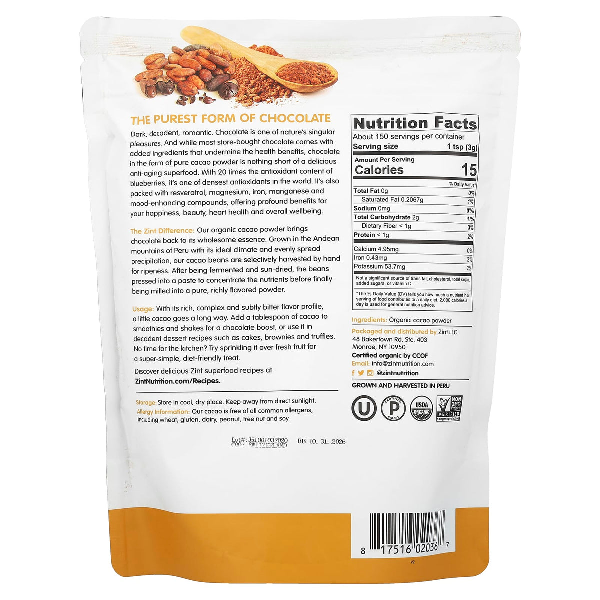 Zint Pure Organic Cacao Powder, 454 g (16 oz) — alternate product view