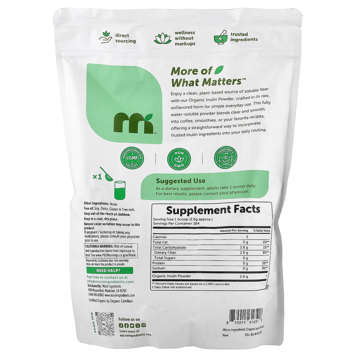 Micro Ingredients Organic Inulin Powder Unflavoured 1 kg (35.2 oz) - view 2