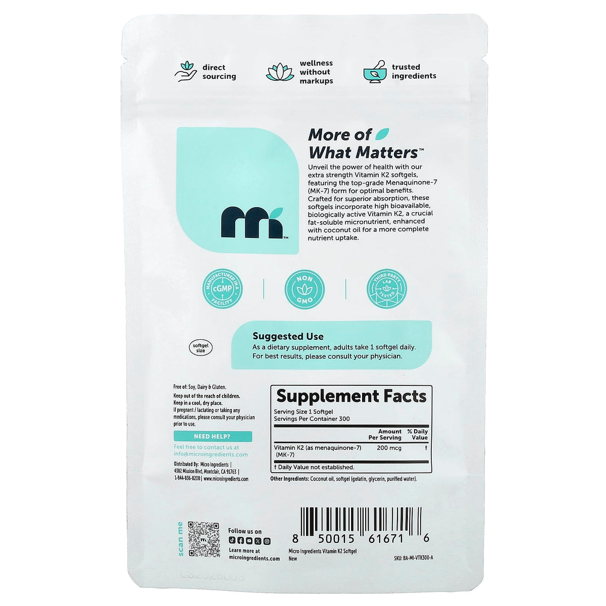 Micro Ingredients Vitamin K2 MK-7 200 mcg, 300 Softgels — alternate product view