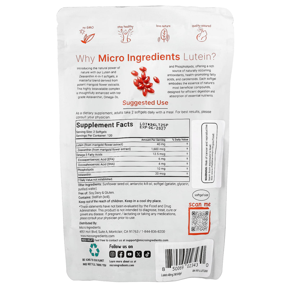 Micro Ingredients Lutein with Zeaxanthin, 240 Softgels — alternate product view