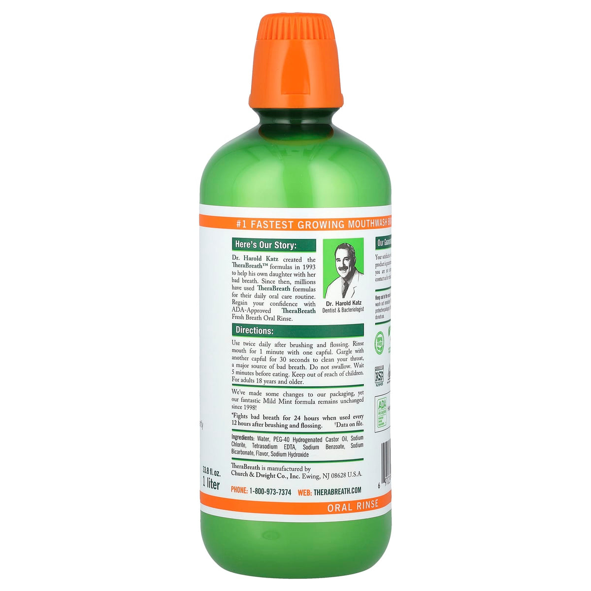 TheraBreath Fresh Breath Oral Rinse, Mild Mint, 1 L (33.8 fl oz) — alternate product view