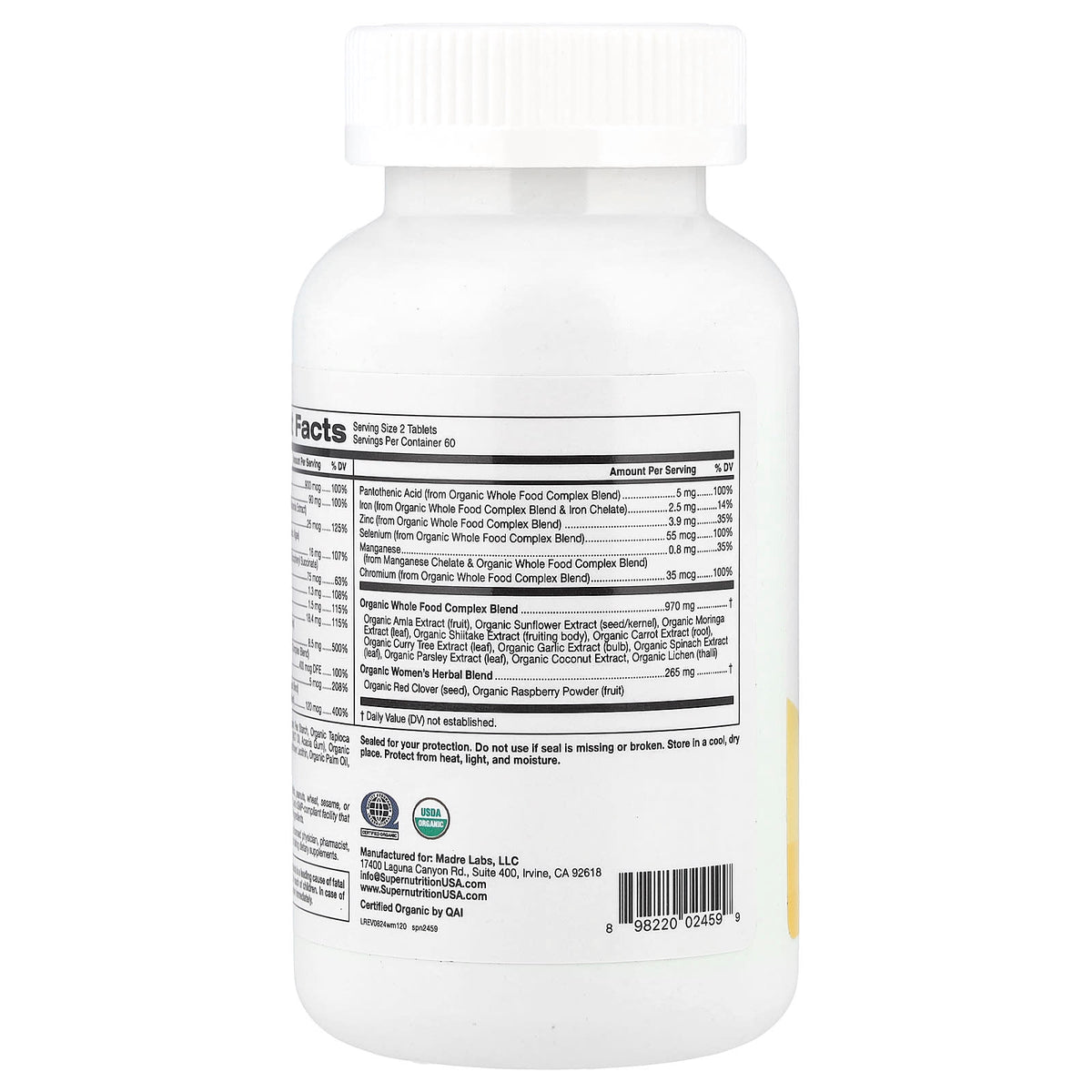 Super Nutrition Organic Whole Food Women's Multivitamin 120 Tablets - view 3