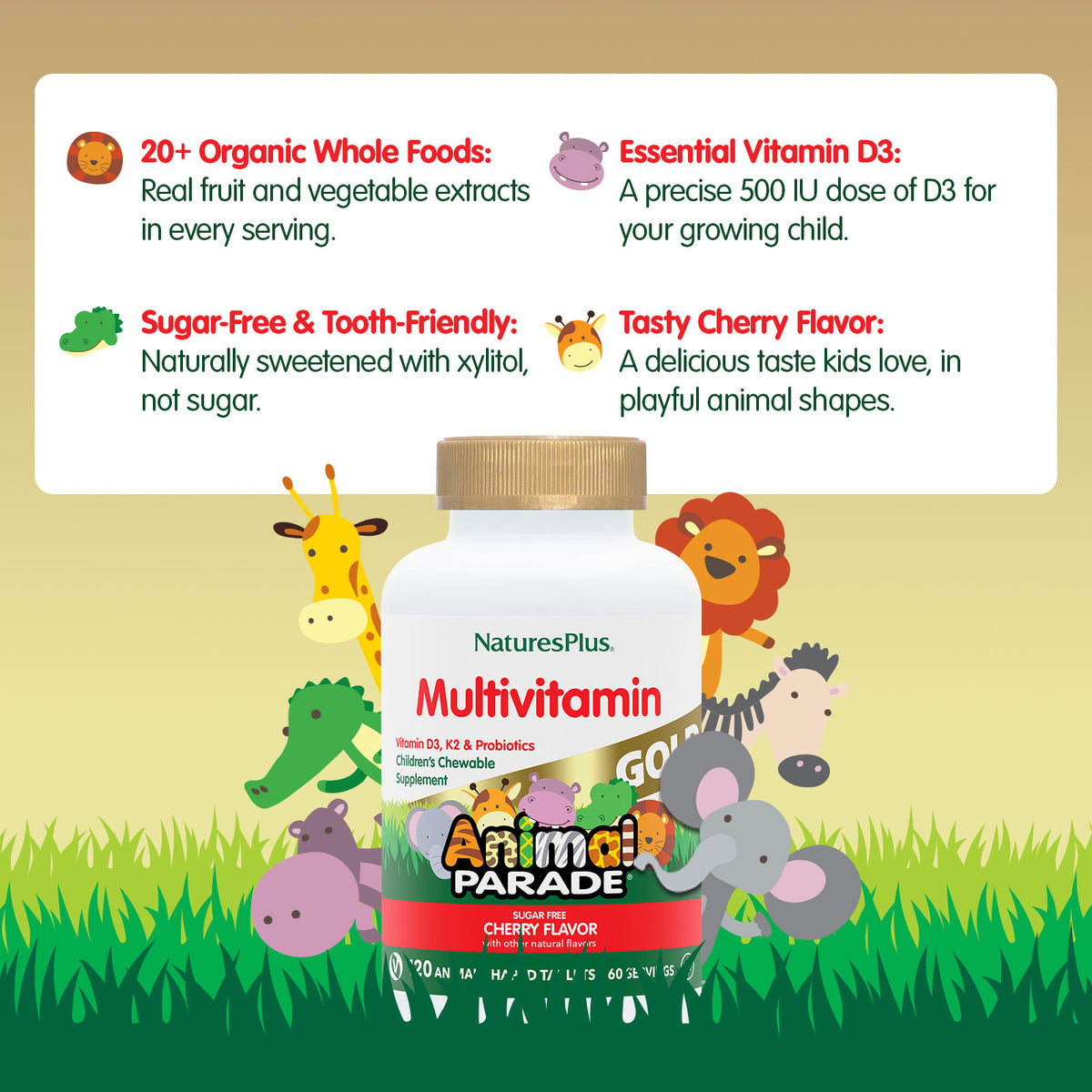 NaturesPlus Animal Parade Gold Children's Multivitamin, Cherry, 120 Chewables - view 4