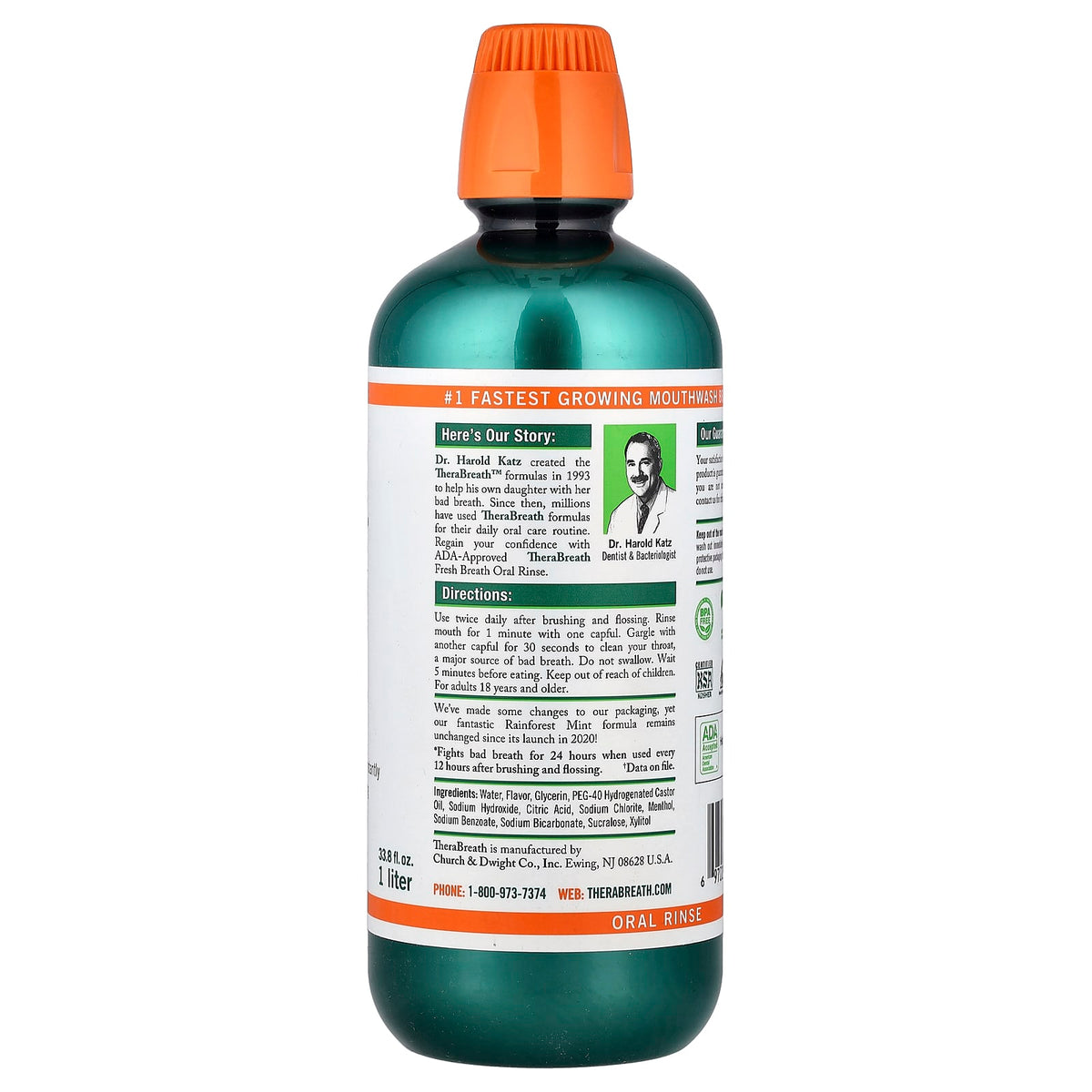 TheraBreath Fresh Breath Oral Rinse, Rainforest Mint, 1 L (33.8 fl oz) - view 2