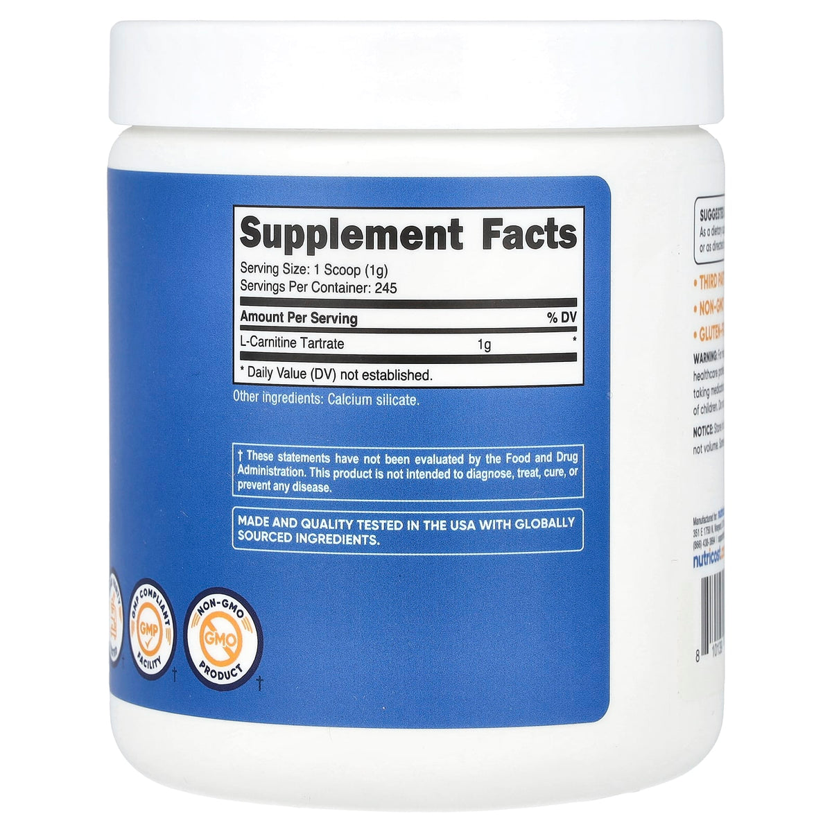 Nutricost L-Carnitine Tartrate, Unflavored, 250 g (8.9 oz) — alternate product view