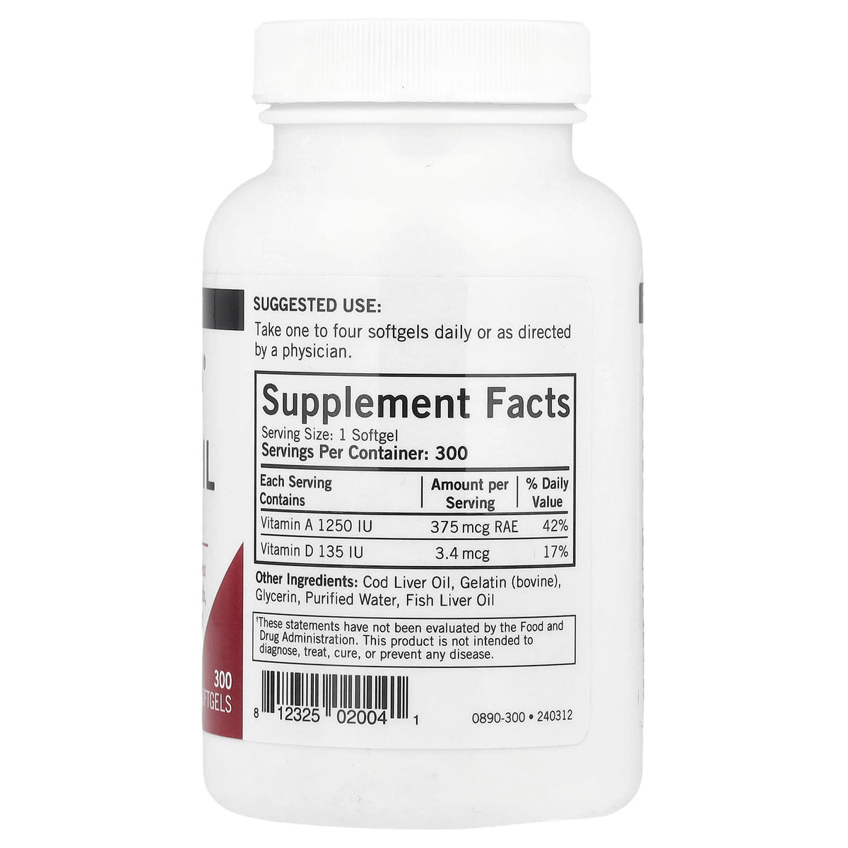 Kirkman Labs Cod Liver Oil with Vitamins A & D 300 Softgels — alternate product view