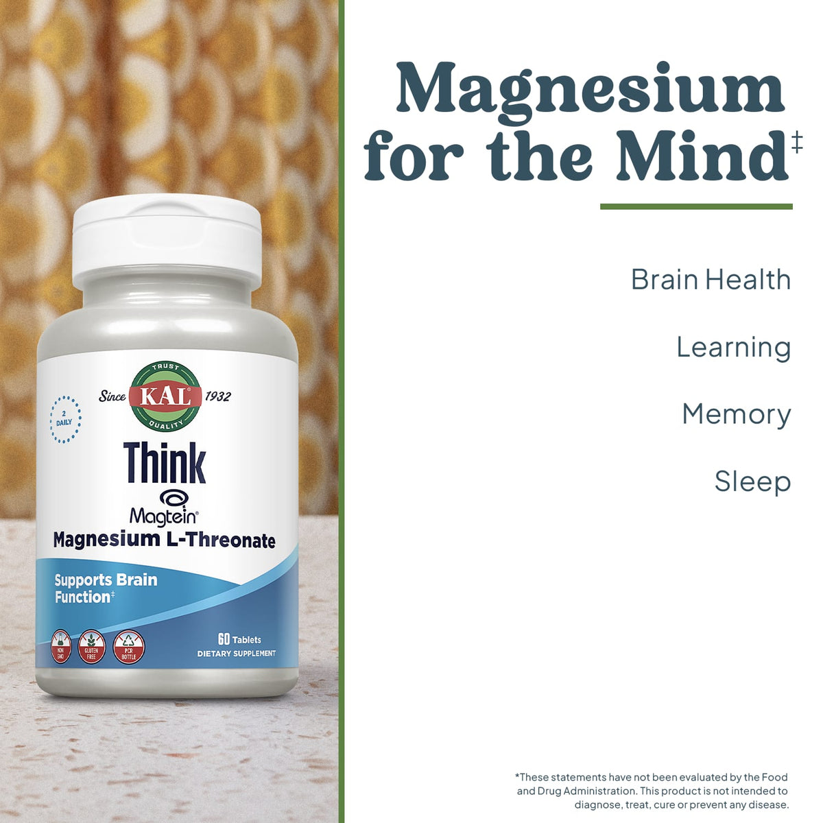 KAL Think Magnesium L-Threonate, 60 Tablets (72 mg per Tablet) - view 3