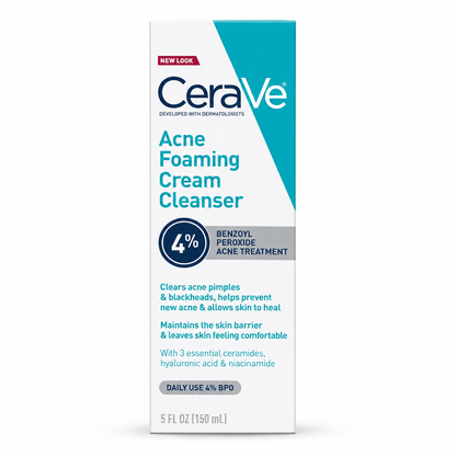 CeraVe Acne Foaming Cream Cleanser front label close-up on white