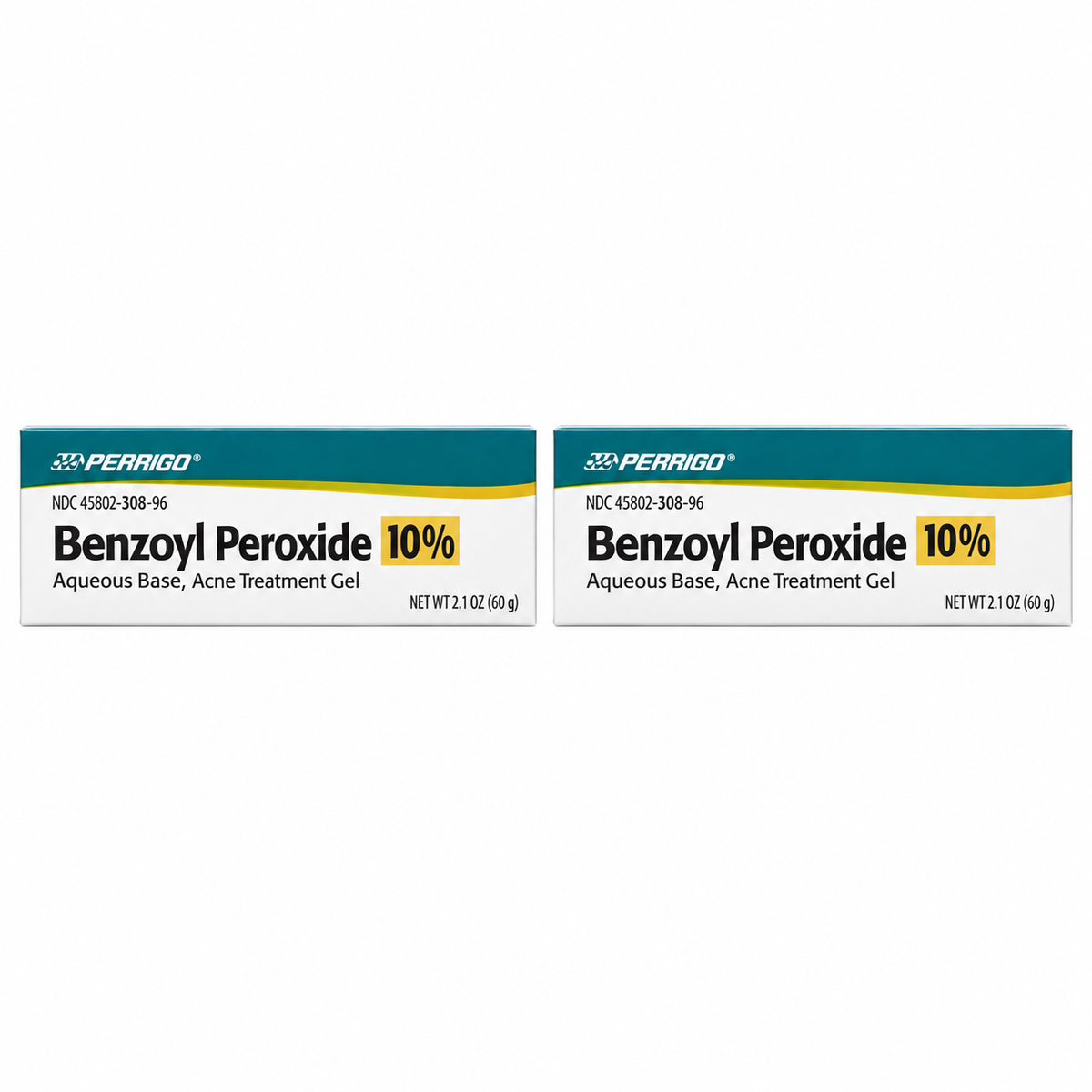 Perrigo Benzoyl Peroxide Gel 10% twin pack with two 60g cartons on white