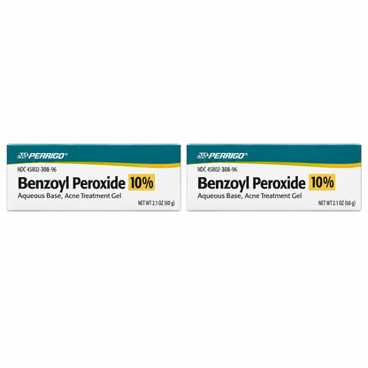 Perrigo Benzoyl Peroxide Gel 10% twin pack with two 60g cartons on white