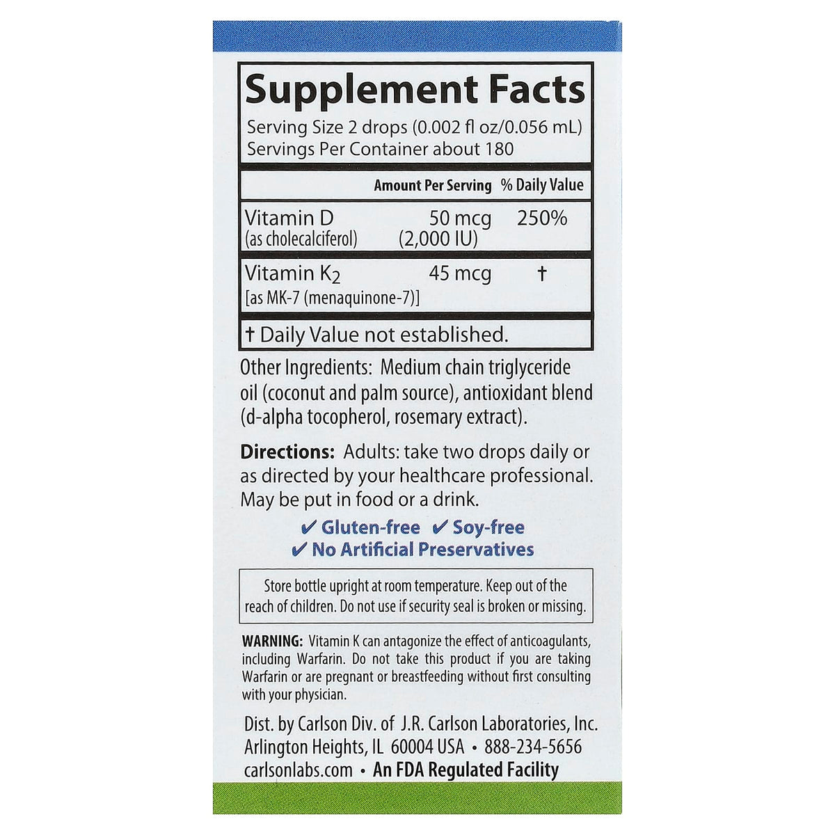 Carlson Super Daily D3 + K2 Drops, 50 mcg D3 & 45 mcg K2, 10.16 ml (0.34 fl oz) - view 2