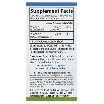 Carlson Super Daily D3 + K2 Drops, 50 mcg D3 & 45 mcg K2, 10.16 ml (0.34 fl oz) - view 2