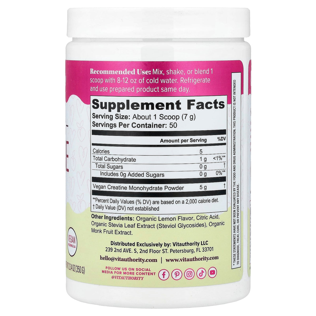 Vitauthority Active Women's Creatine Monohydrate Lemonade 350 g — alternate product view