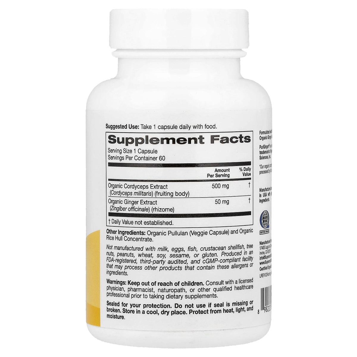 Super Nutrition Organic Cordyceps Mushroom + Ginger, 60 Veg Capsules - view 2