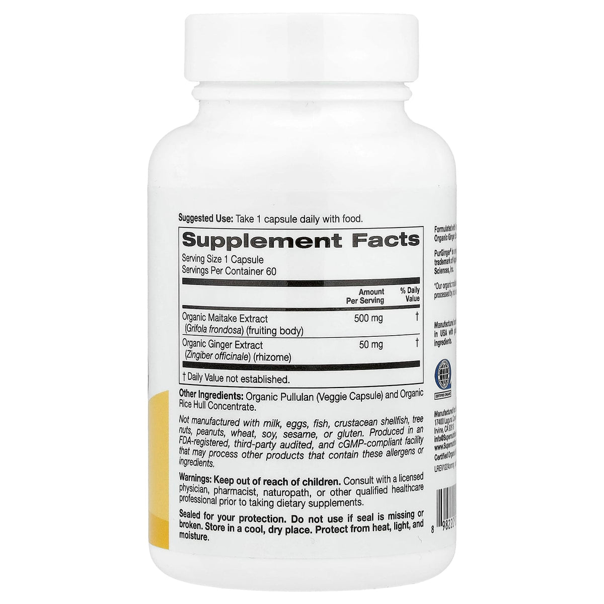 Super Nutrition Organic Maitake Mushroom + Ginger 60 Veggie Capsules — alternate product view