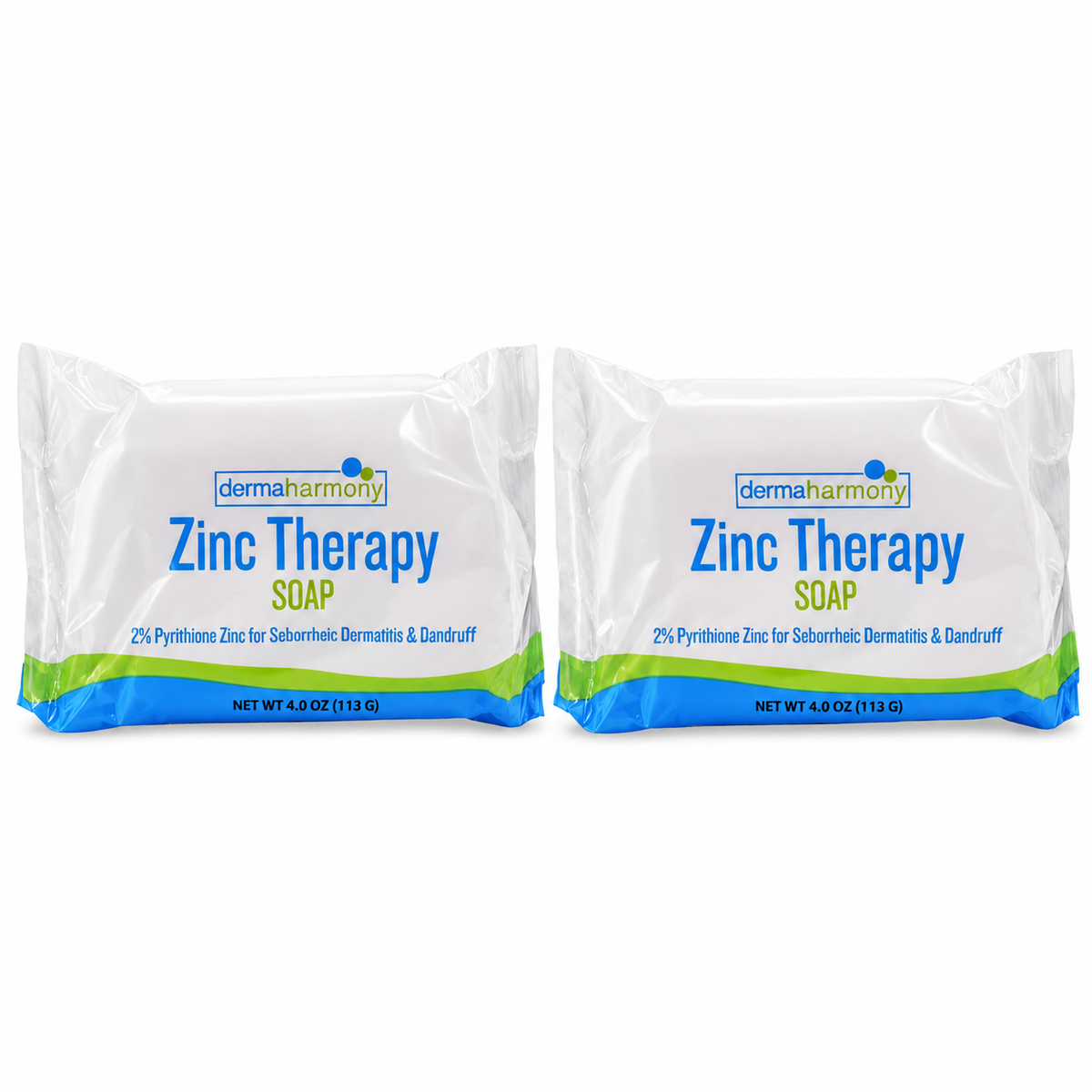 Two wrapped DermaHarmony Zinc Therapy soap bars on a plain white background
