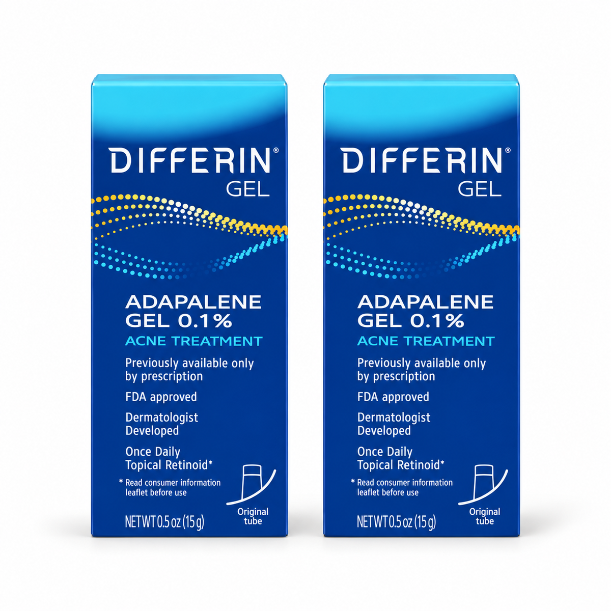 Differin Adapalene Gel 0.1% 15g twin pack with two cartons on white