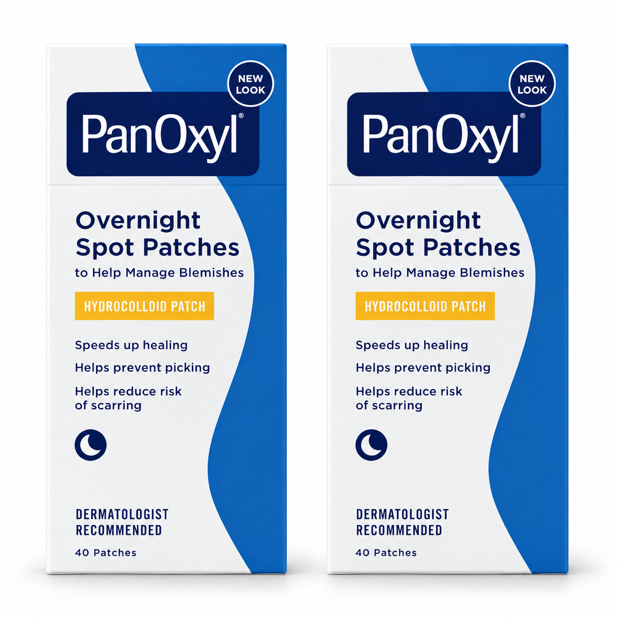 Two PanOxyl Overnight Spot Patches 40-count cartons standing side by side on a white background, 80 patches total
