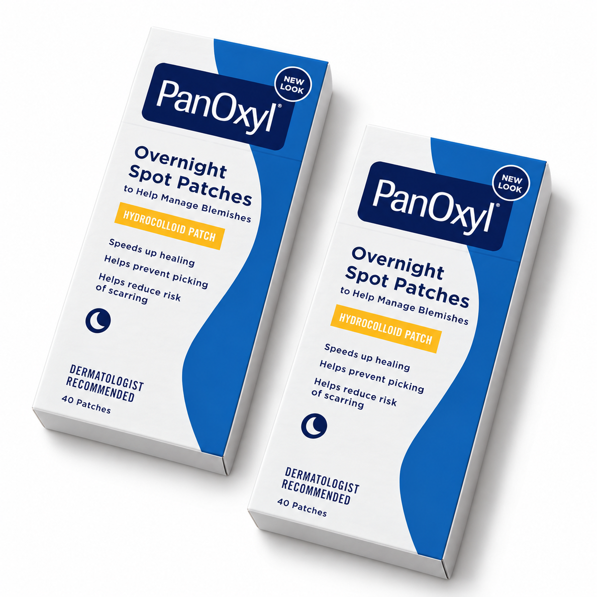 Two PanOxyl Overnight Spot Patches 40-count cartons arranged diagonally on a plain white background, 80 patches total