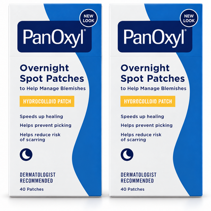 Close front view of two PanOxyl Overnight Spot Patches 40-count cartons on white, 80 patches total
