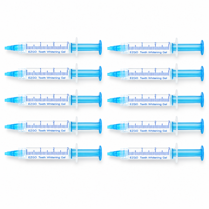 Ten EZGO teeth whitening gel syringes arranged in two columns of five on a plain white background