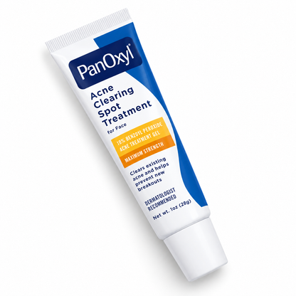 PanOxyl Acne Clearing Spot Treatment 1 oz tube lying diagonally on a white background, front label visible