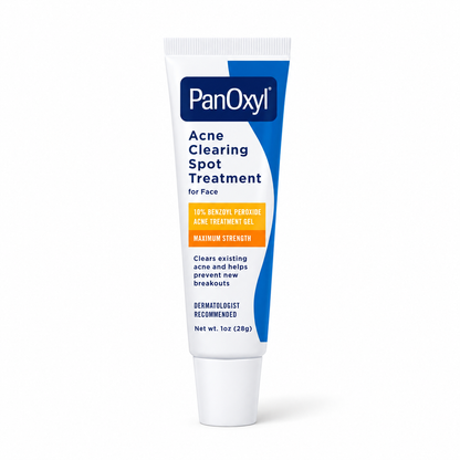 PanOxyl Acne Clearing Spot Treatment 1 oz tube standing on its cap on a white background, front label visible