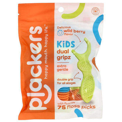 Plackers Kids' Dual Gripz Extra Gentle Fluoride Floss Picks, Wild Berry, 75 Pack
