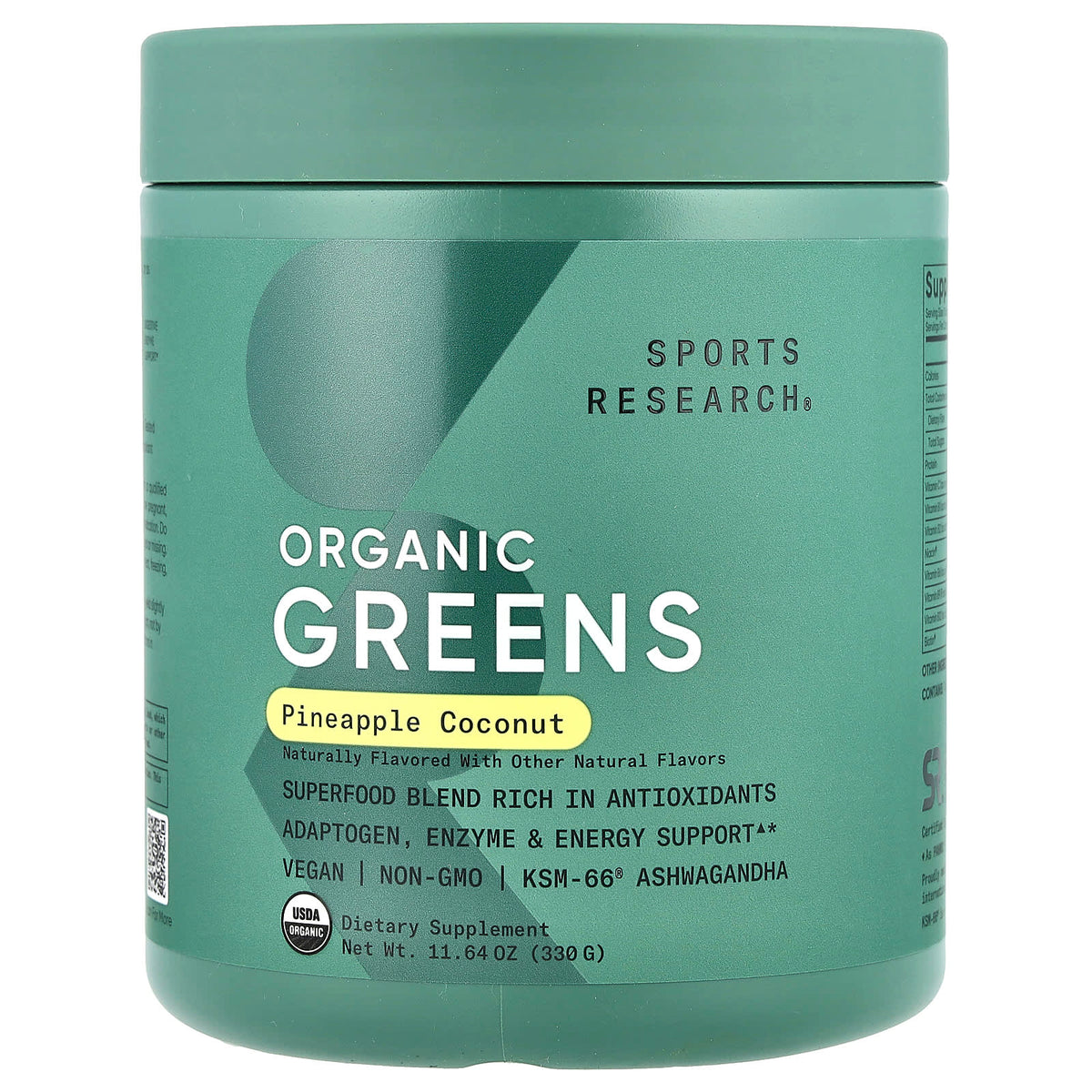 Sports Research Organic Greens, Pineapple Coconut, 330 g