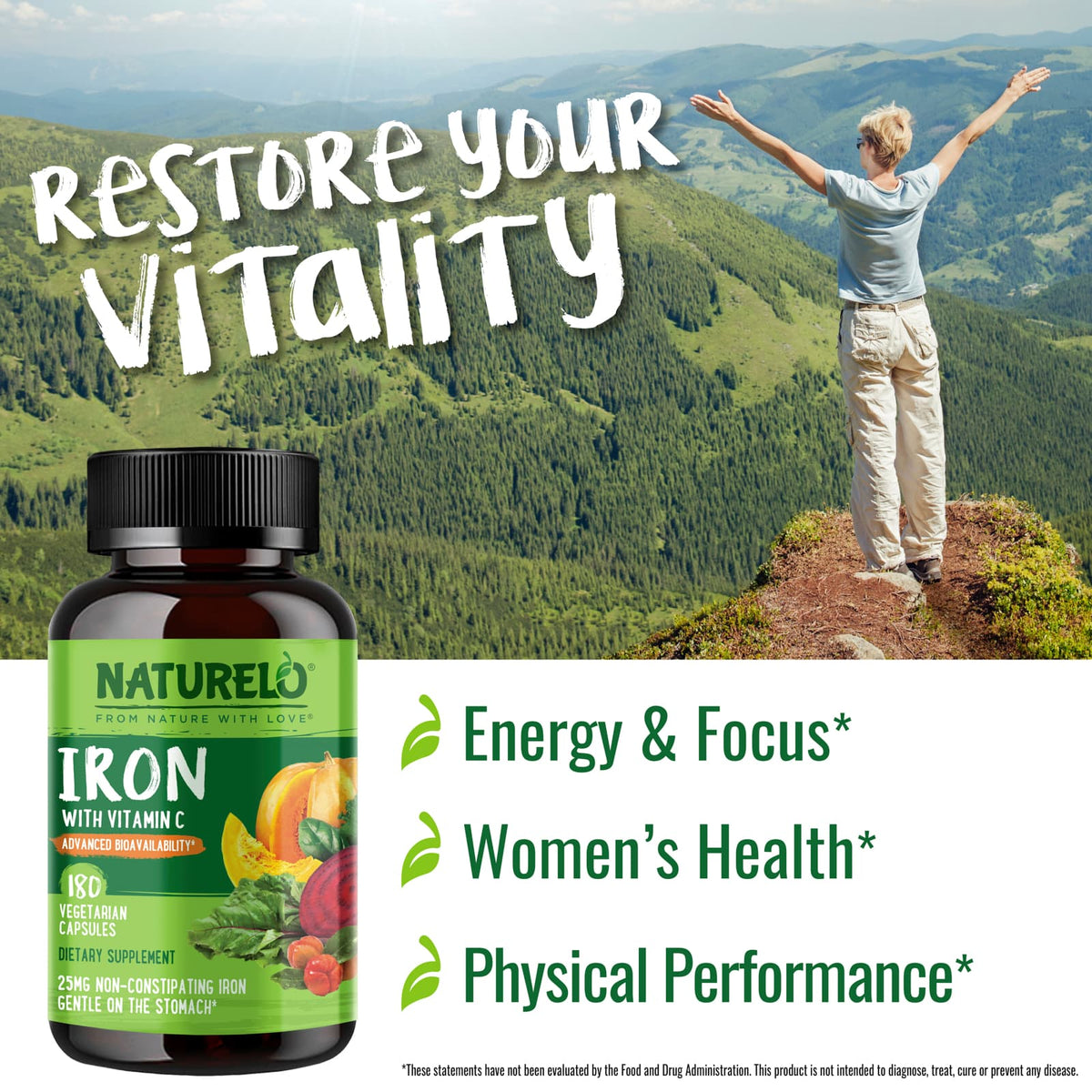 NATURELO Iron with Vitamin C, 180 Vegetarian Capsules - view 3