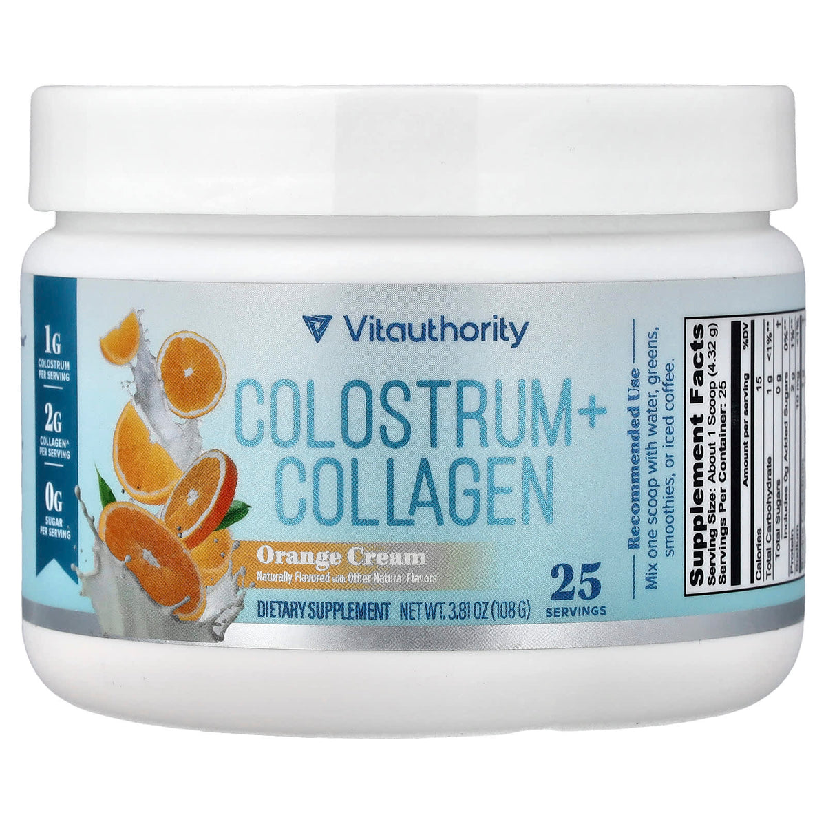 Vitauthority Colostrum + Collagen, Orange Cream, 3.81 oz (108 g) — product view