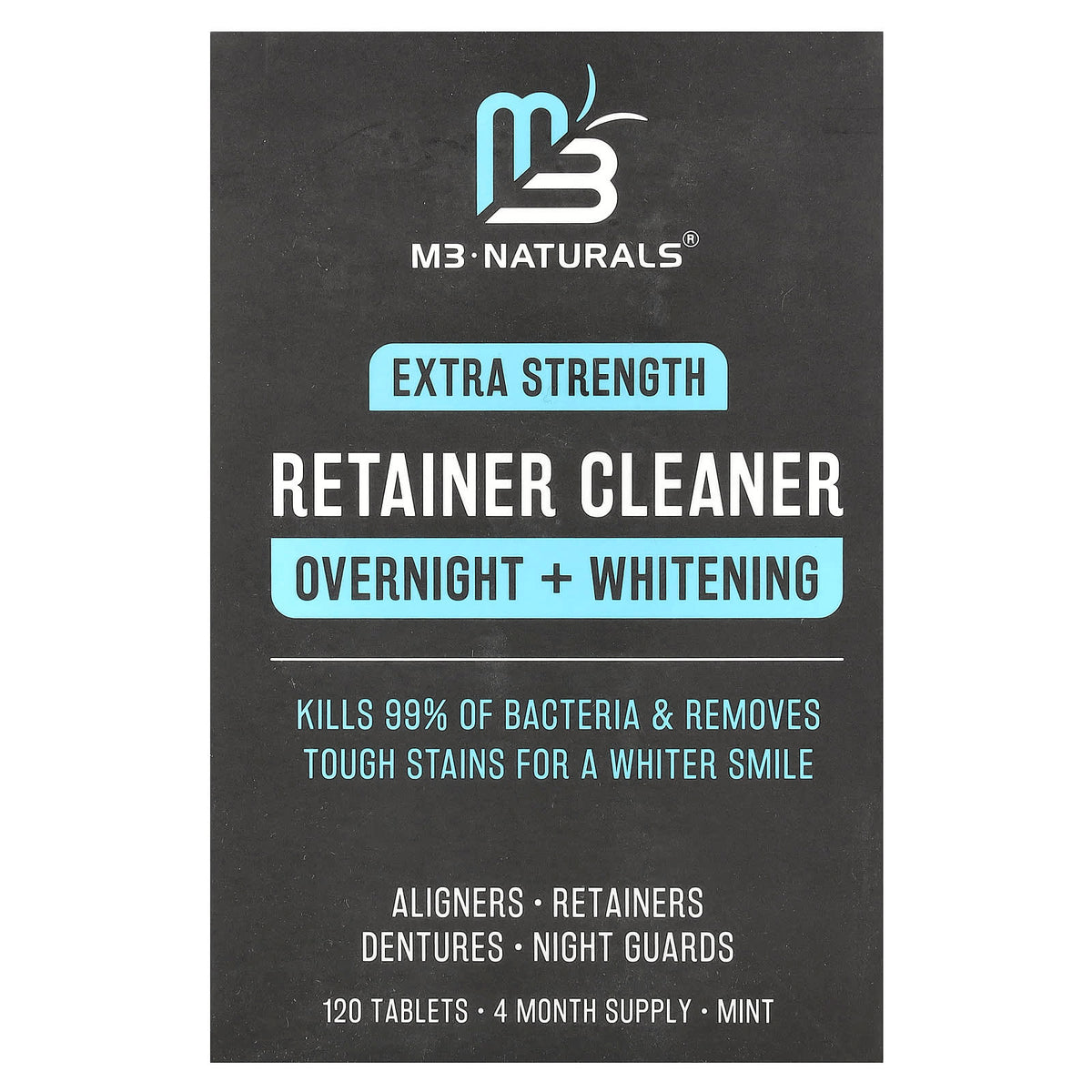 M3 Naturals Overnight + Whitening Retainer Cleaner, Mint, 120 Tablets