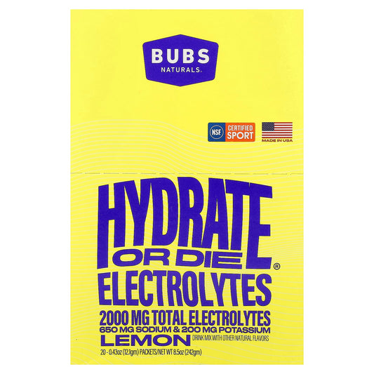 BUBS Naturals Hydrate or Die Electrolyte Drink Mix, Lemon, 20 Packets