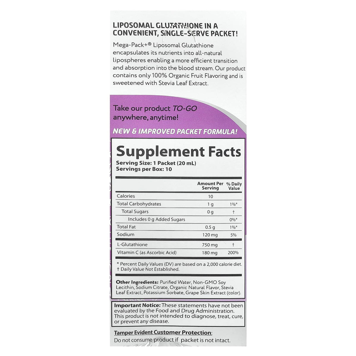 Aurora Nutrascience Mega-Pack+ Liposomal Glutathione, 10 Packets, 20 ml Each - view 2