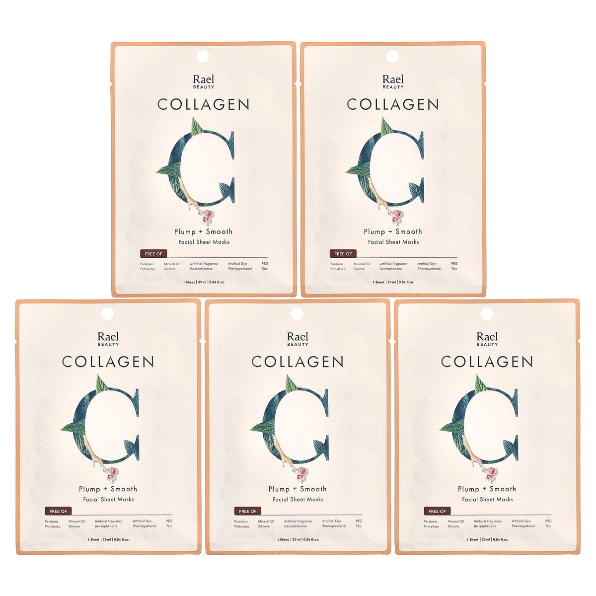 Rael Beauty Collagen Facial Sheet Masks, 5 Sheets (25 ml Each) — product view