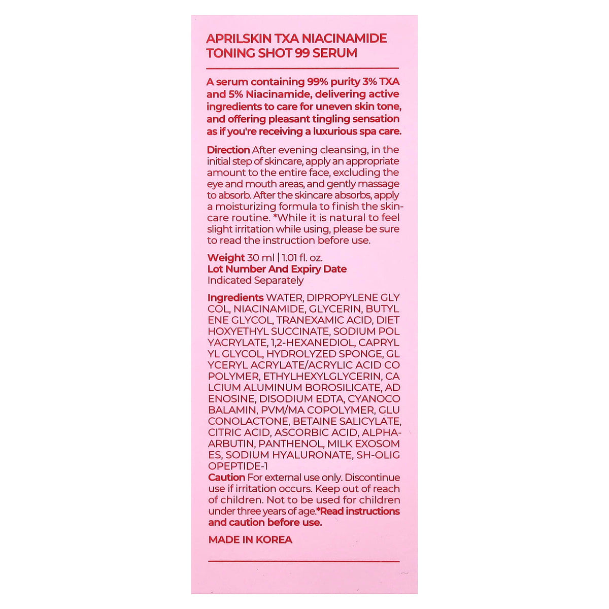 April Skin TXA Niacinamide Toning Shot 99% Serum 30 ml (1.01 fl oz) - view 3